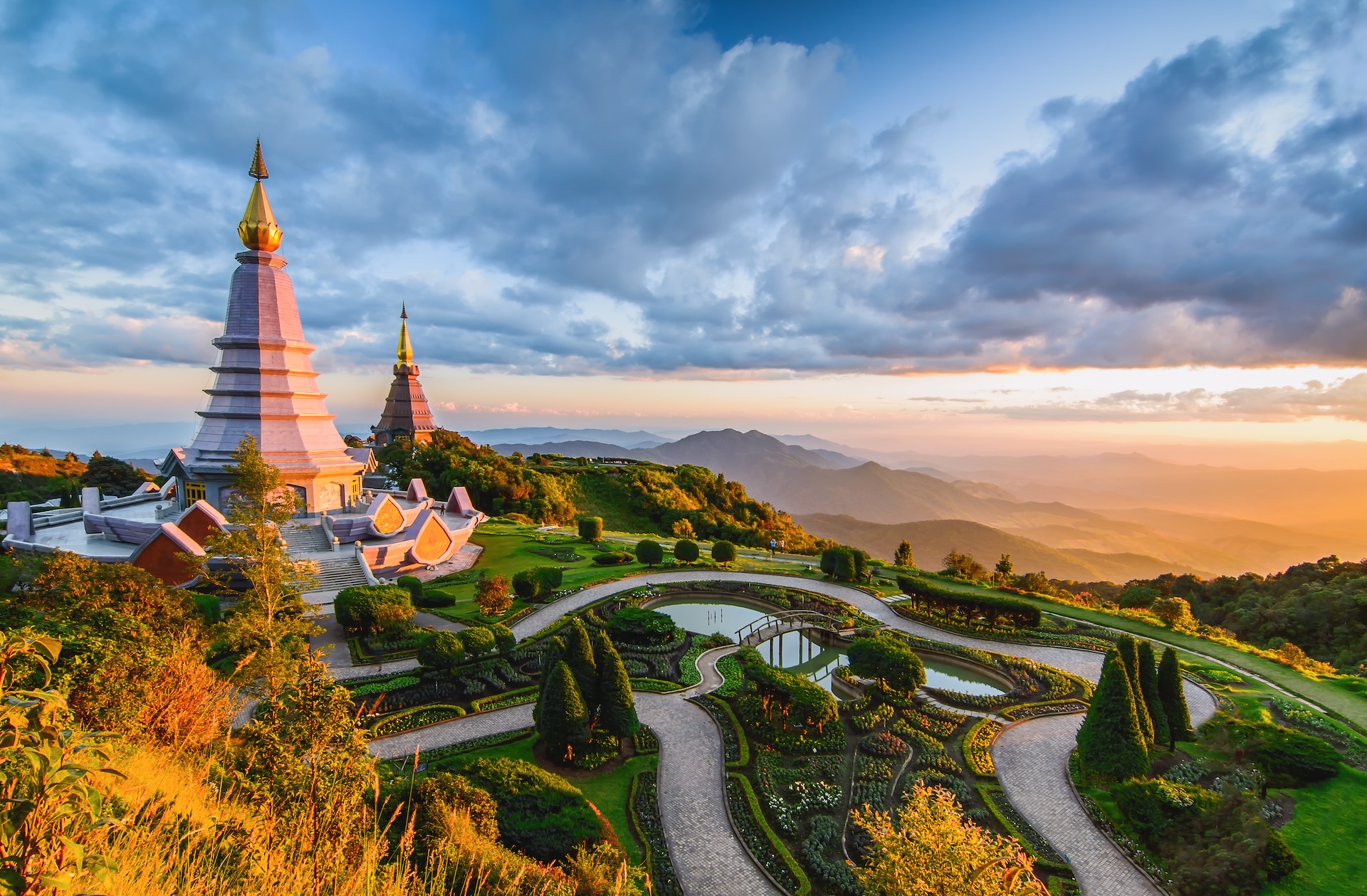 Landscape of two pagoda on the top of Inthanon mountain, Chiang Mai, Thailand.