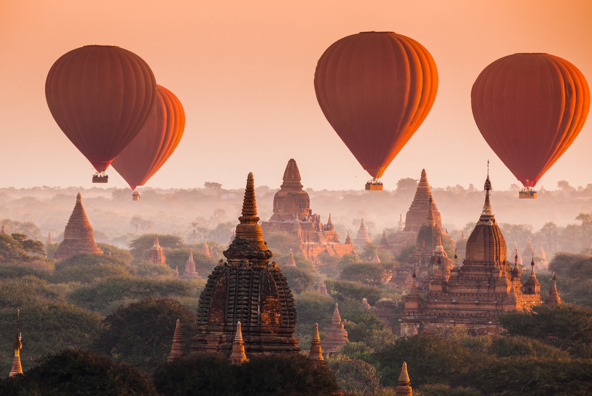 Hot air balloons in Bagan, Myanmar.