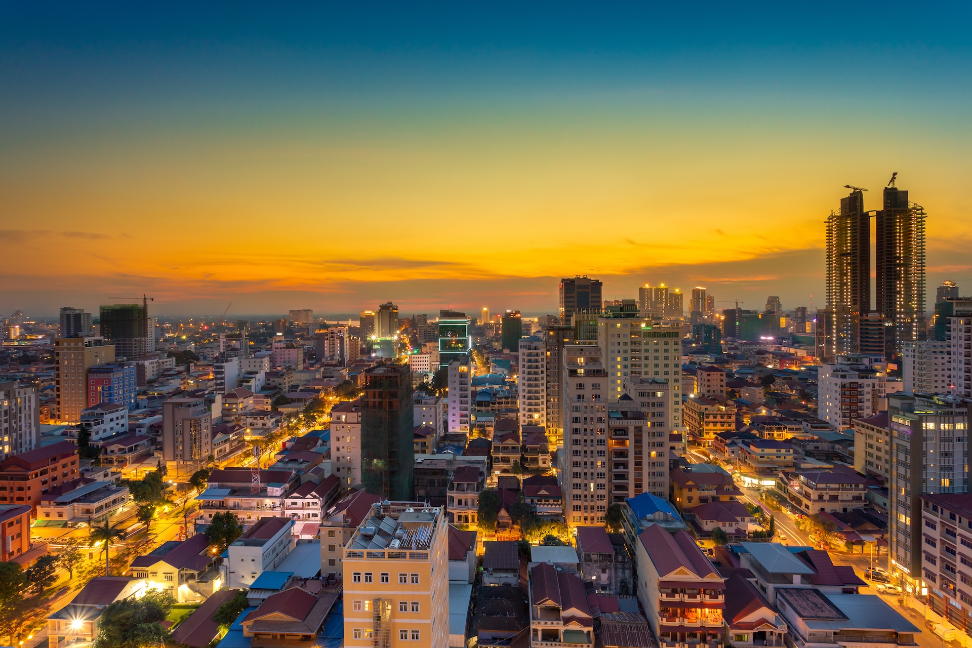 Phnom Penh city at sunrise, Phnom Penh, Cambodia.