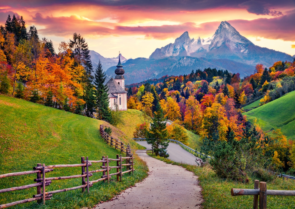  Maria Gern Church with Hochkalter peak, Bavaria.