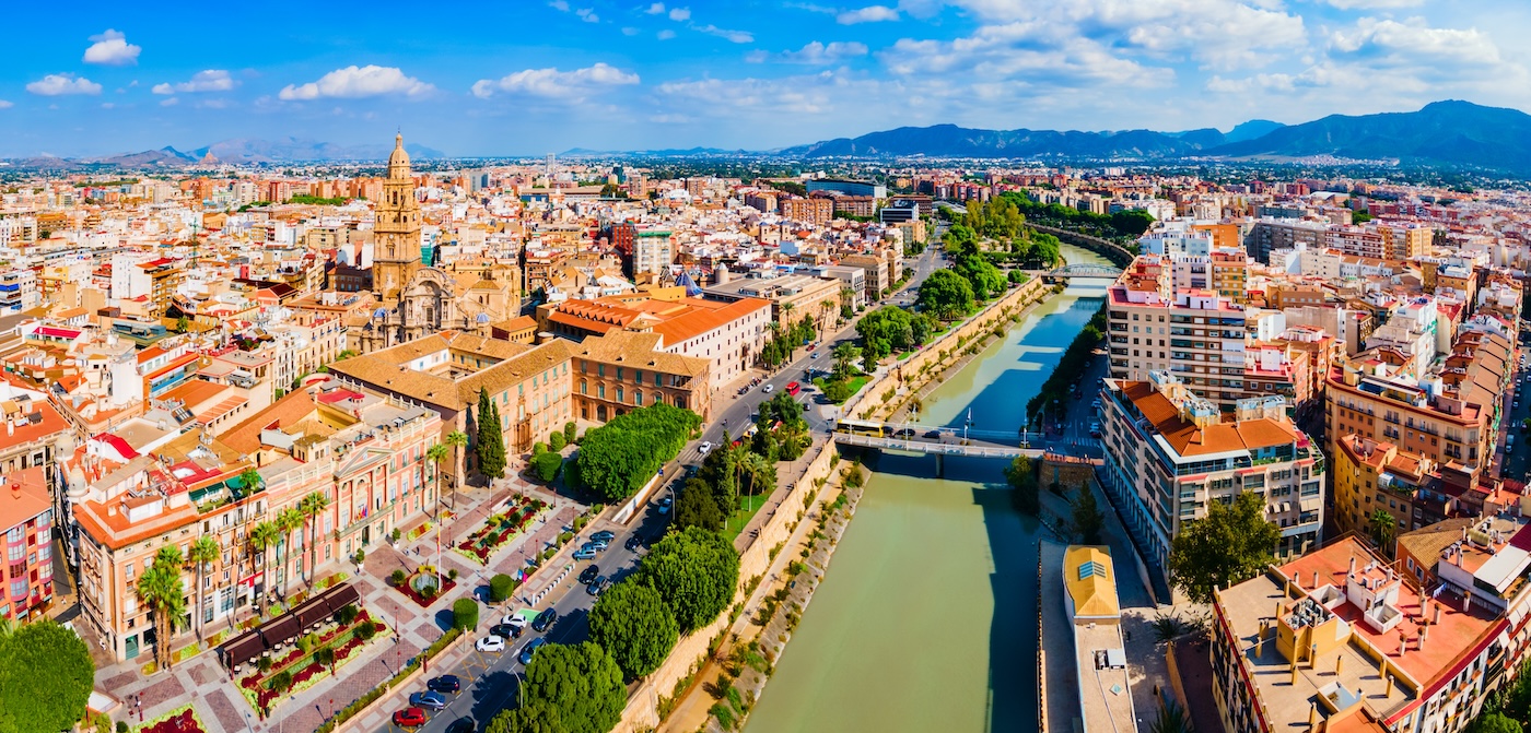 Murcia City Centre and the Segura river, Murcia, Spain. 
